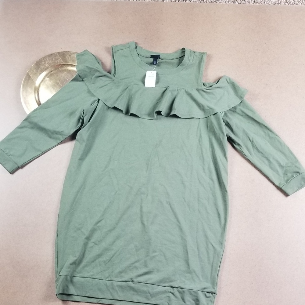 Torrid Olive Ruffle Cold Shoulder Sweatshirt Dress